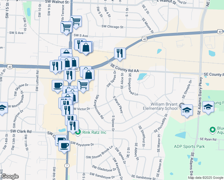 map of restaurants, bars, coffee shops, grocery stores, and more near 1005 South Ward Parkway in Blue Springs