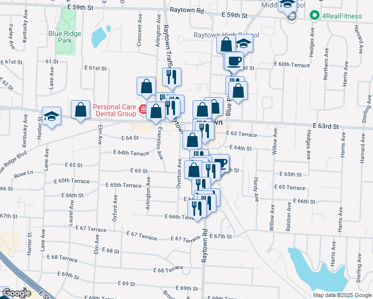 map of restaurants, bars, coffee shops, grocery stores, and more near 6309 Overton Avenue in Raytown