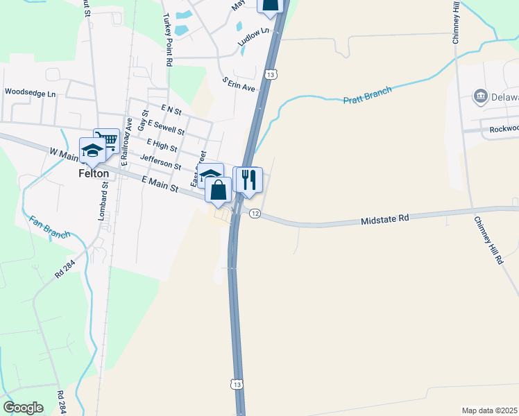 map of restaurants, bars, coffee shops, grocery stores, and more near 11351 South Dupont Highway in Felton