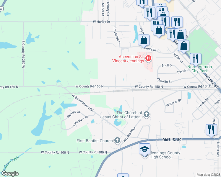 map of restaurants, bars, coffee shops, grocery stores, and more near 10 Ivy Park in North Vernon