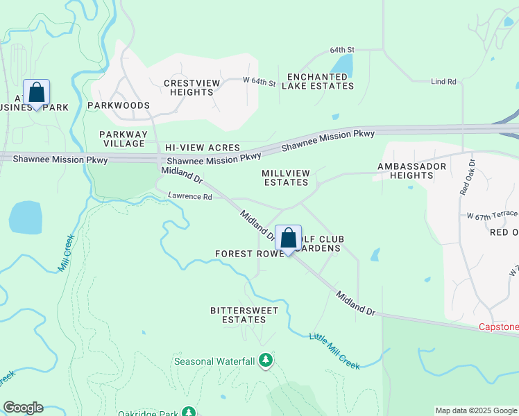 map of restaurants, bars, coffee shops, grocery stores, and more near 18930 Lawrence Road in Shawnee