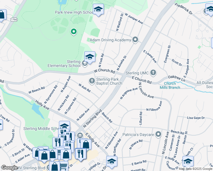 map of restaurants, bars, coffee shops, grocery stores, and more near 507 North Alder Avenue in Sterling
