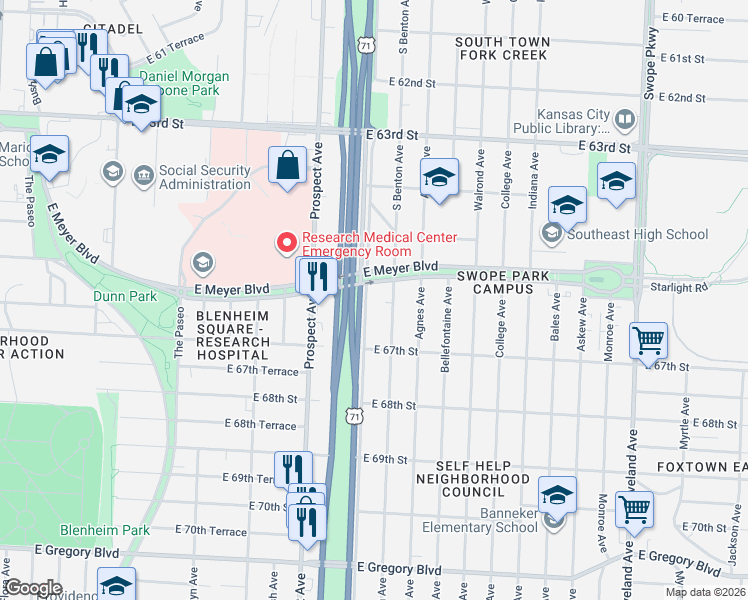 map of restaurants, bars, coffee shops, grocery stores, and more near 2876 East Meyer Boulevard in Kansas City