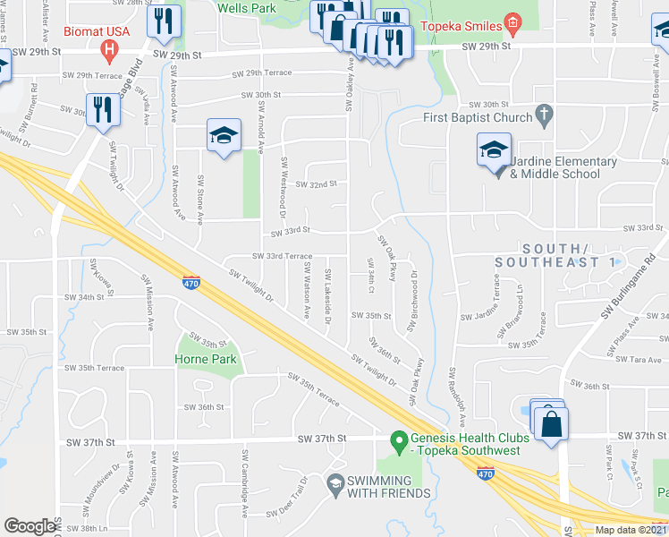 map of restaurants, bars, coffee shops, grocery stores, and more near 3100 Southwest 33rd Terrace in Topeka