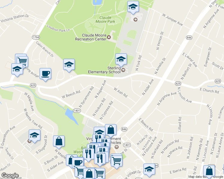 map of restaurants, bars, coffee shops, grocery stores, and more near 305 West Ash Road in Sterling