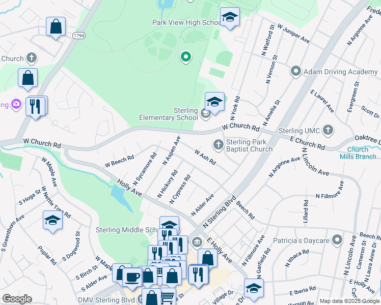 map of restaurants, bars, coffee shops, grocery stores, and more near 305 West Ash Road in Sterling