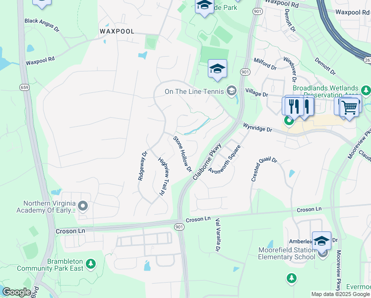 map of restaurants, bars, coffee shops, grocery stores, and more near 22034 Stone Hollow Drive in Broadlands