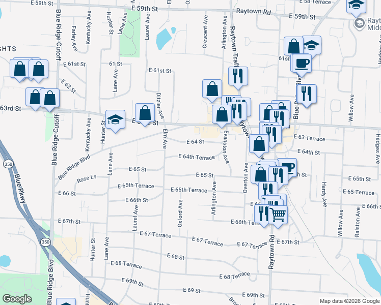 map of restaurants, bars, coffee shops, grocery stores, and more near 9366 East 64th Terrace in Raytown