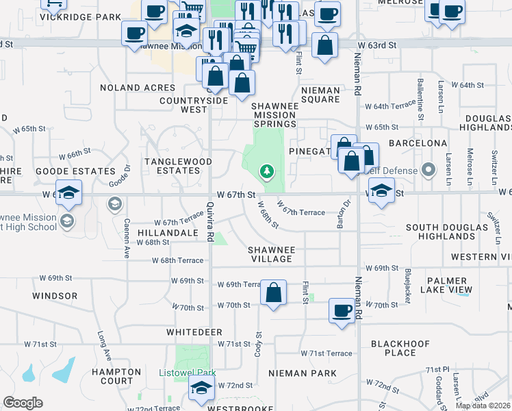 map of restaurants, bars, coffee shops, grocery stores, and more near 11624 West 68th Street in Shawnee