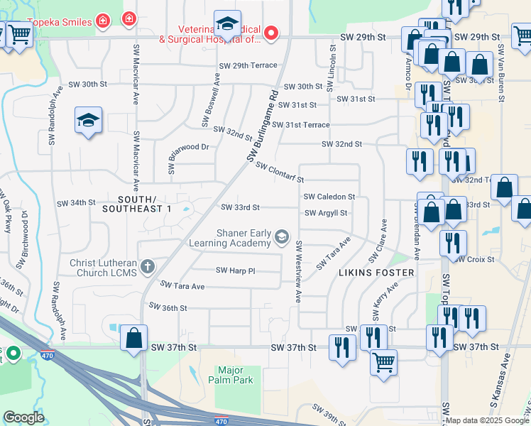 map of restaurants, bars, coffee shops, grocery stores, and more near 1701 Southwest 33rd Street in Topeka