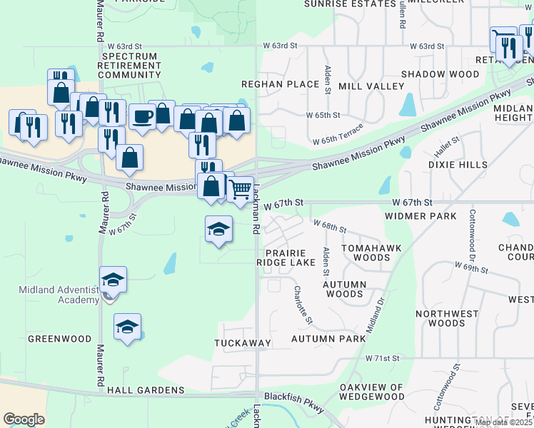 map of restaurants, bars, coffee shops, grocery stores, and more near 6701 Lackman Road in Shawnee