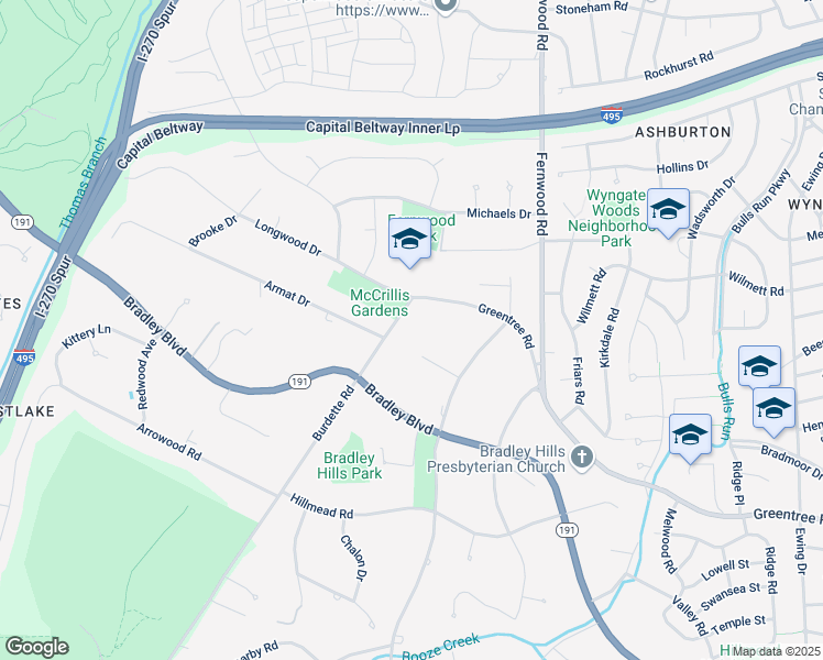 map of restaurants, bars, coffee shops, grocery stores, and more near 9121 Burdette Road in Bethesda