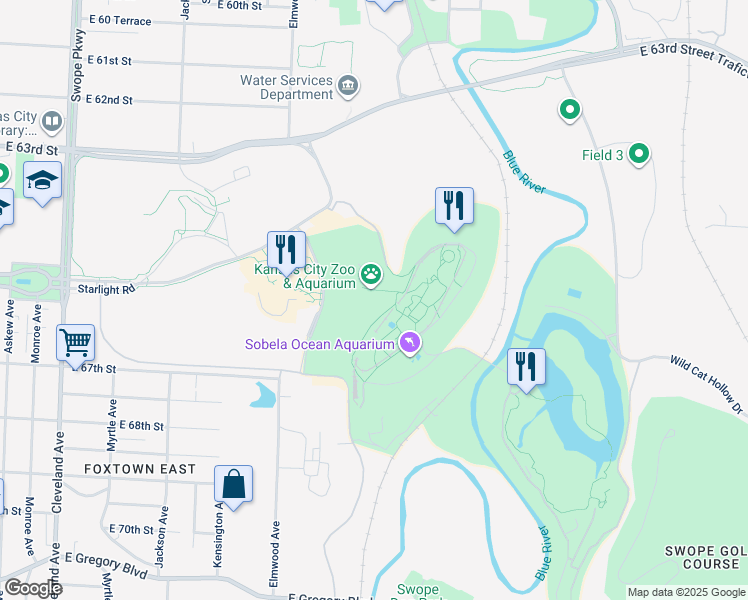 map of restaurants, bars, coffee shops, grocery stores, and more near 6800 Zoo Drive in Kansas City