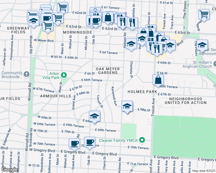 map of restaurants, bars, coffee shops, grocery stores, and more near 615 East 66th Terrace in Kansas City
