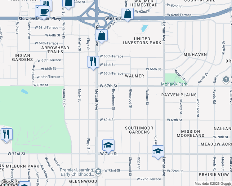 map of restaurants, bars, coffee shops, grocery stores, and more near 6815 West 67th Street in Mission