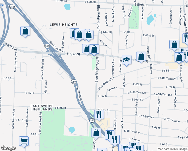 map of restaurants, bars, coffee shops, grocery stores, and more near in Raytown
