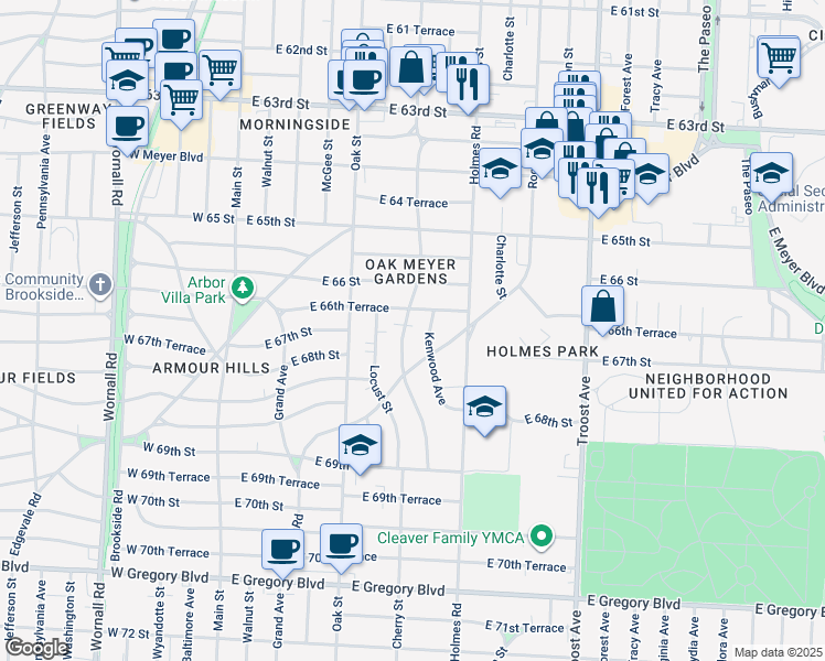 map of restaurants, bars, coffee shops, grocery stores, and more near 615 East 66th Terrace in Kansas City