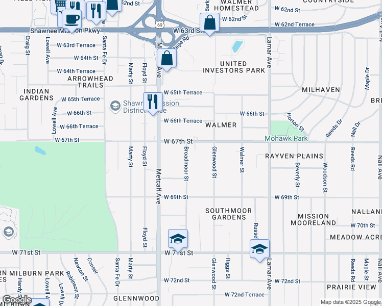 map of restaurants, bars, coffee shops, grocery stores, and more near 6815 West 67th Street in Mission