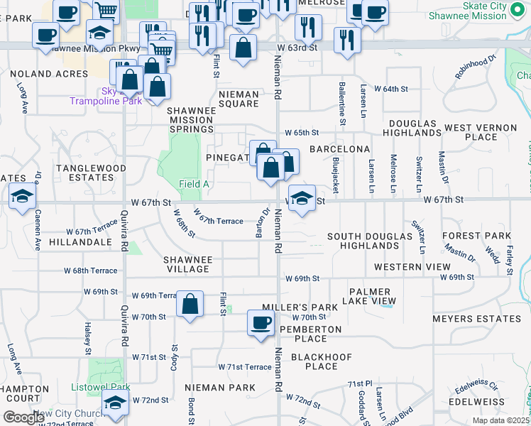 map of restaurants, bars, coffee shops, grocery stores, and more near 11211 West 67th Street in Shawnee