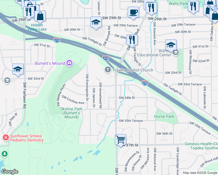 map of restaurants, bars, coffee shops, grocery stores, and more near 3325 Southwest Gage Boulevard in Topeka