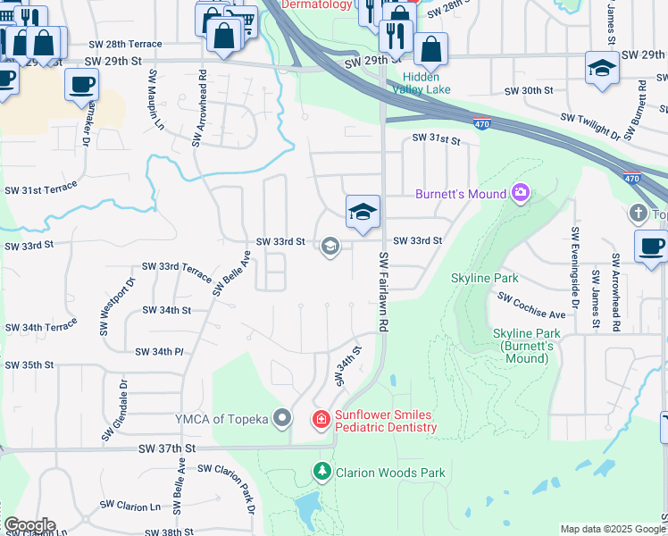 map of restaurants, bars, coffee shops, grocery stores, and more near 5301-5329 Southwest 33rd Street in Topeka