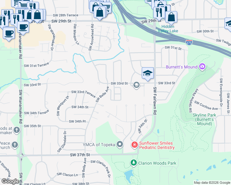 map of restaurants, bars, coffee shops, grocery stores, and more near 3301-3309 Southwest Lajolla Road in Topeka