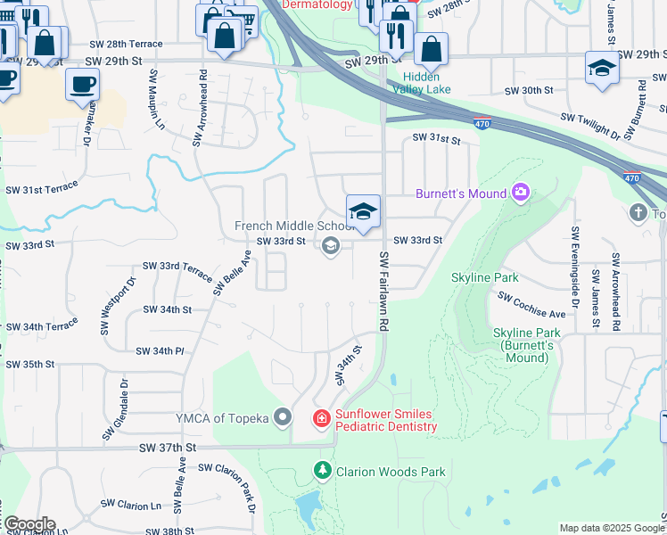 map of restaurants, bars, coffee shops, grocery stores, and more near 5257 Southwest 33rd Street in Topeka