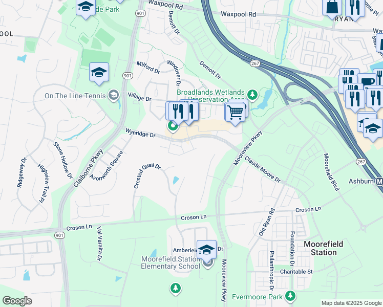 map of restaurants, bars, coffee shops, grocery stores, and more near 43205 Stillwater Terrace in Broadlands