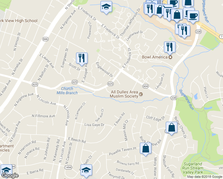 map of restaurants, bars, coffee shops, grocery stores, and more near 46712 Stonebrook Court in Sterling