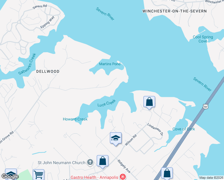 map of restaurants, bars, coffee shops, grocery stores, and more near 1715 Porters Hill Road in Annapolis