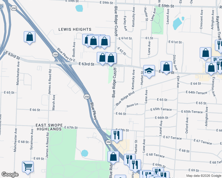 map of restaurants, bars, coffee shops, grocery stores, and more near in Raytown