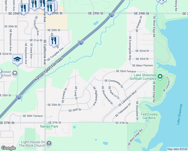 map of restaurants, bars, coffee shops, grocery stores, and more near 3361 Southeast Gilmore Avenue in Topeka