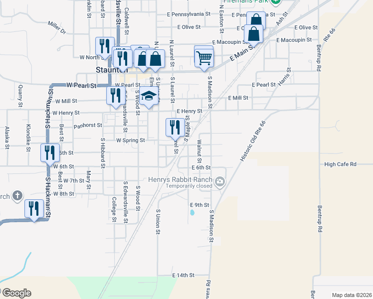 map of restaurants, bars, coffee shops, grocery stores, and more near 556 South Laurel Street in Staunton