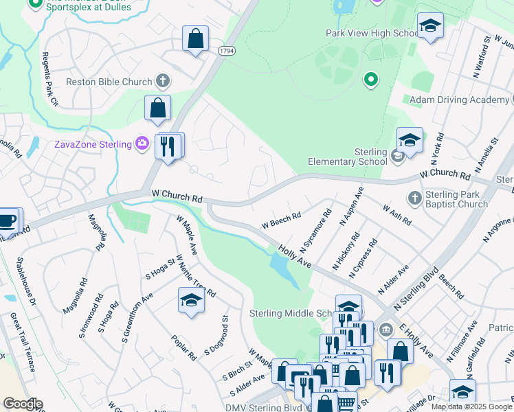 map of restaurants, bars, coffee shops, grocery stores, and more near 641 North Larch Court in Sterling