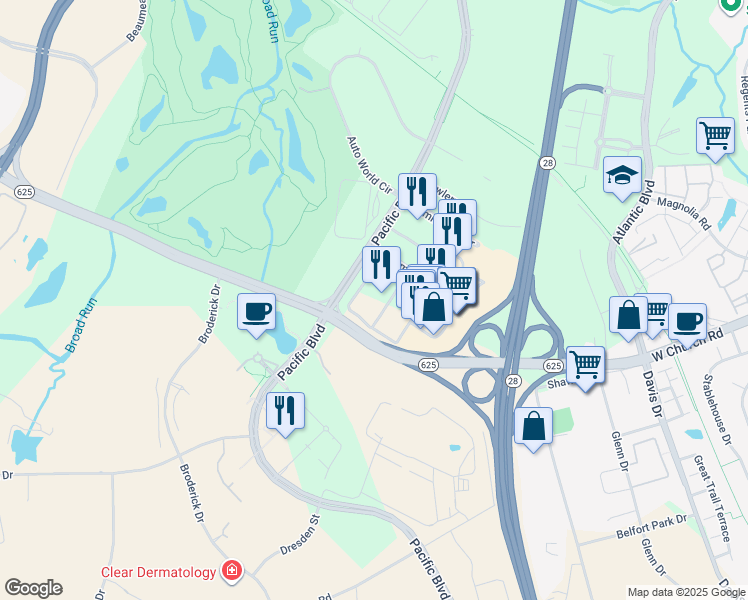 map of restaurants, bars, coffee shops, grocery stores, and more near 45131 Columbia Place in Sterling