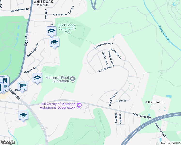 map of restaurants, bars, coffee shops, grocery stores, and more near 9321 Saint Andrews Place in College Park