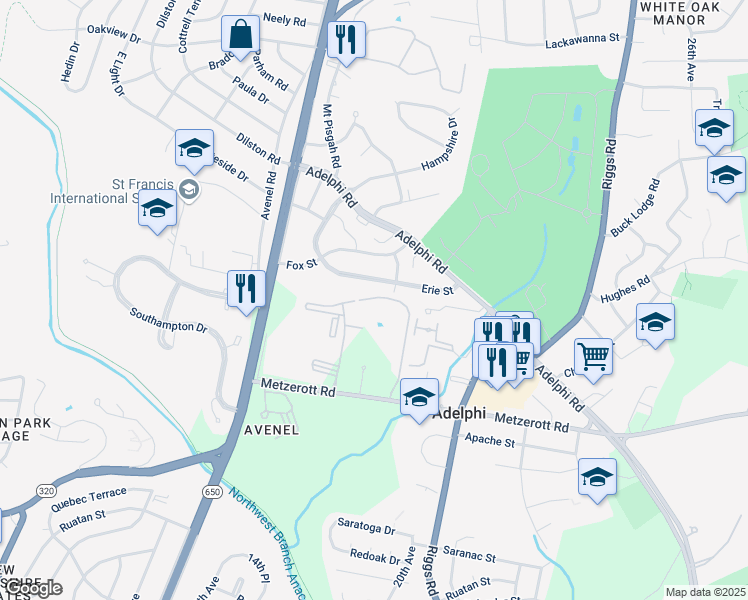 map of restaurants, bars, coffee shops, grocery stores, and more near 1824 Metzerott Road in Adelphi