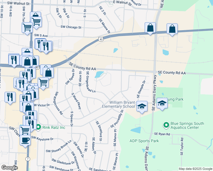 map of restaurants, bars, coffee shops, grocery stores, and more near 942 Southeast Gingerbread Court in Blue Springs