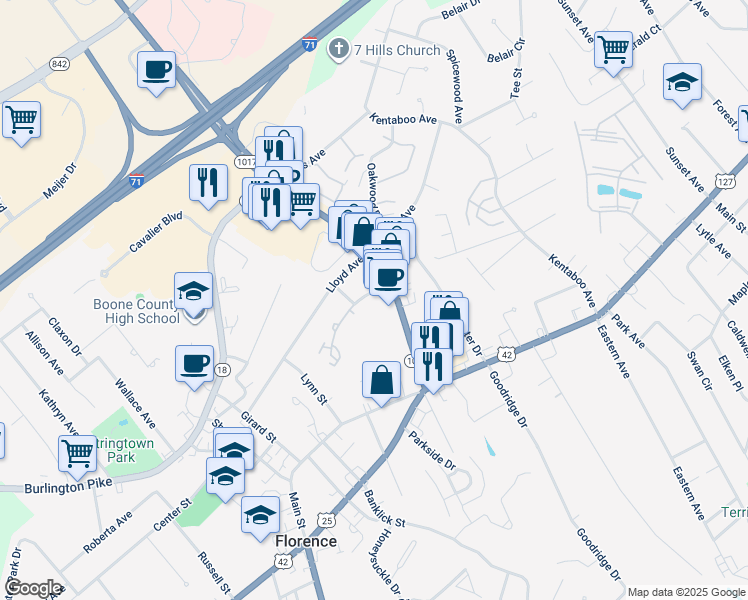 map of restaurants, bars, coffee shops, grocery stores, and more near 6804 Sebree Drive in Florence