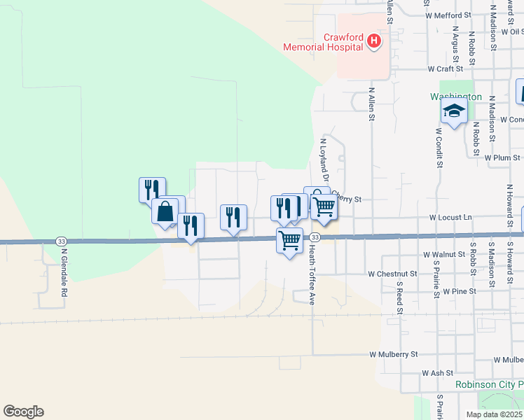 map of restaurants, bars, coffee shops, grocery stores, and more near 205 Sunset Boulevard in Robinson