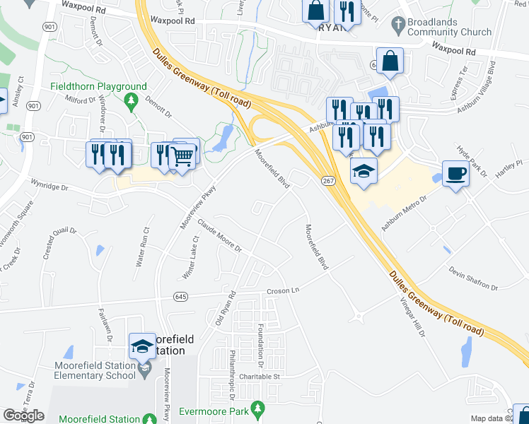 map of restaurants, bars, coffee shops, grocery stores, and more near 43464 Old Ryan Road in Ashburn