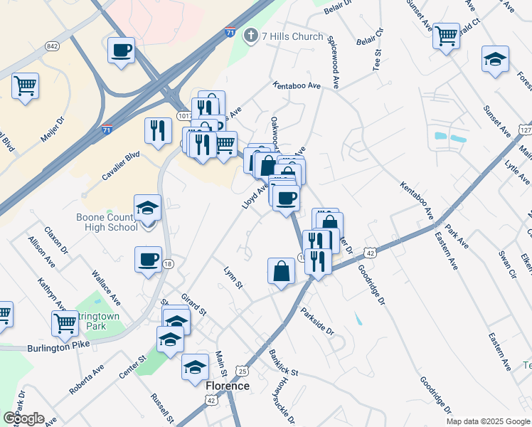 map of restaurants, bars, coffee shops, grocery stores, and more near 6804 Sebree Drive in Florence
