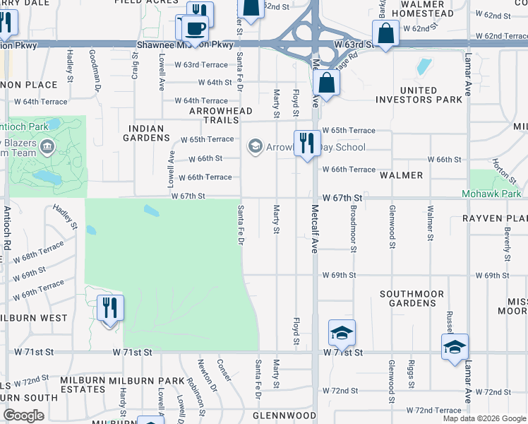 map of restaurants, bars, coffee shops, grocery stores, and more near 6701 Riley Street in Overland Park