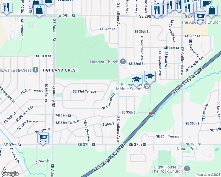 map of restaurants, bars, coffee shops, grocery stores, and more near 1200 Southeast 33rd Street in Topeka
