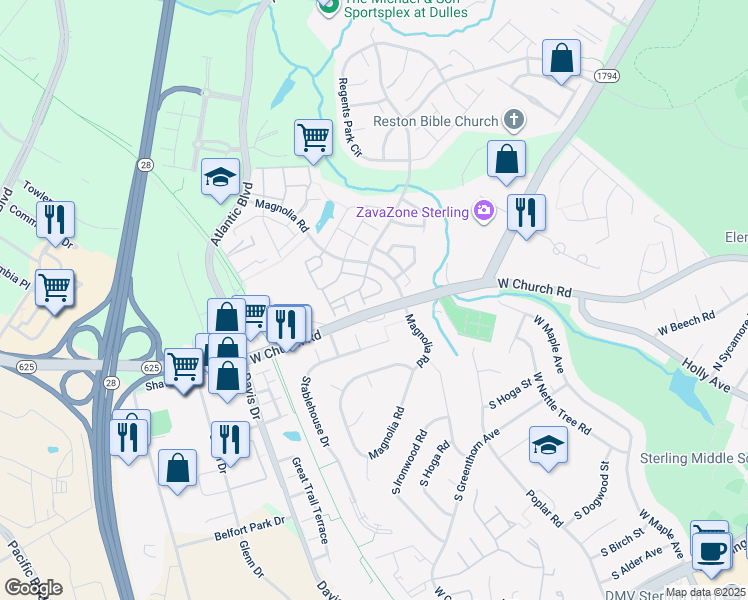 map of restaurants, bars, coffee shops, grocery stores, and more near 45616 Whitcomb Square in Sterling