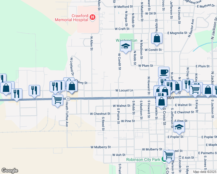 map of restaurants, bars, coffee shops, grocery stores, and more near 798 West Woodland Drive in Robinson