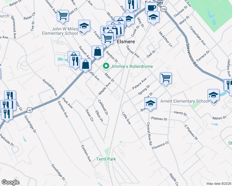 map of restaurants, bars, coffee shops, grocery stores, and more near 4203 Ada Court in Elsmere