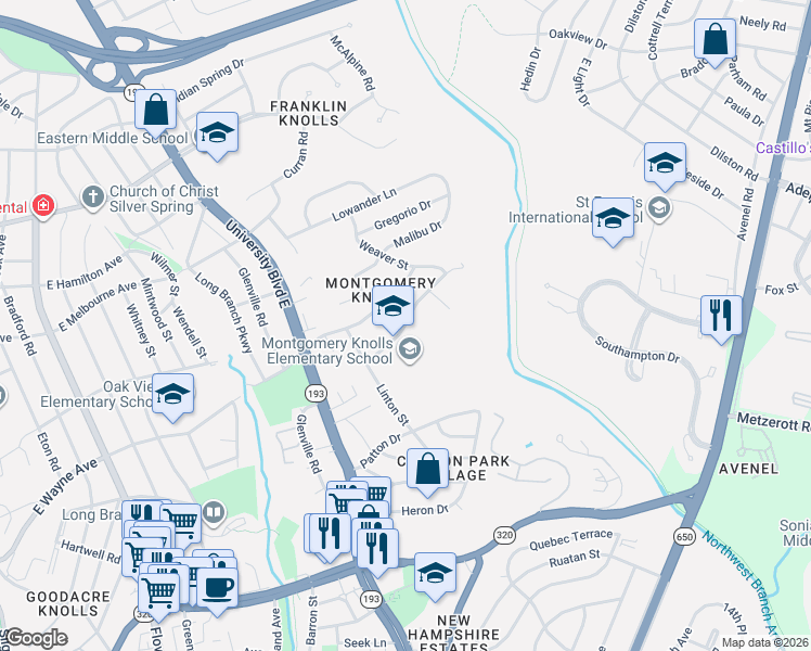 map of restaurants, bars, coffee shops, grocery stores, and more near Salter Road in Silver Spring