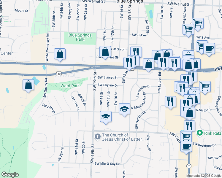 map of restaurants, bars, coffee shops, grocery stores, and more near 1603 Southwest Skyline Drive in Blue Springs