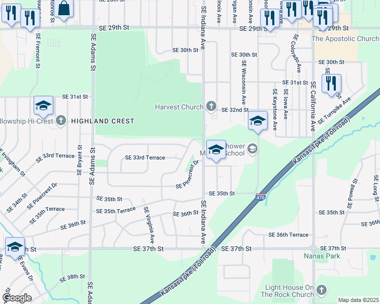 map of restaurants, bars, coffee shops, grocery stores, and more near 1200 Southeast 33rd Street in Topeka